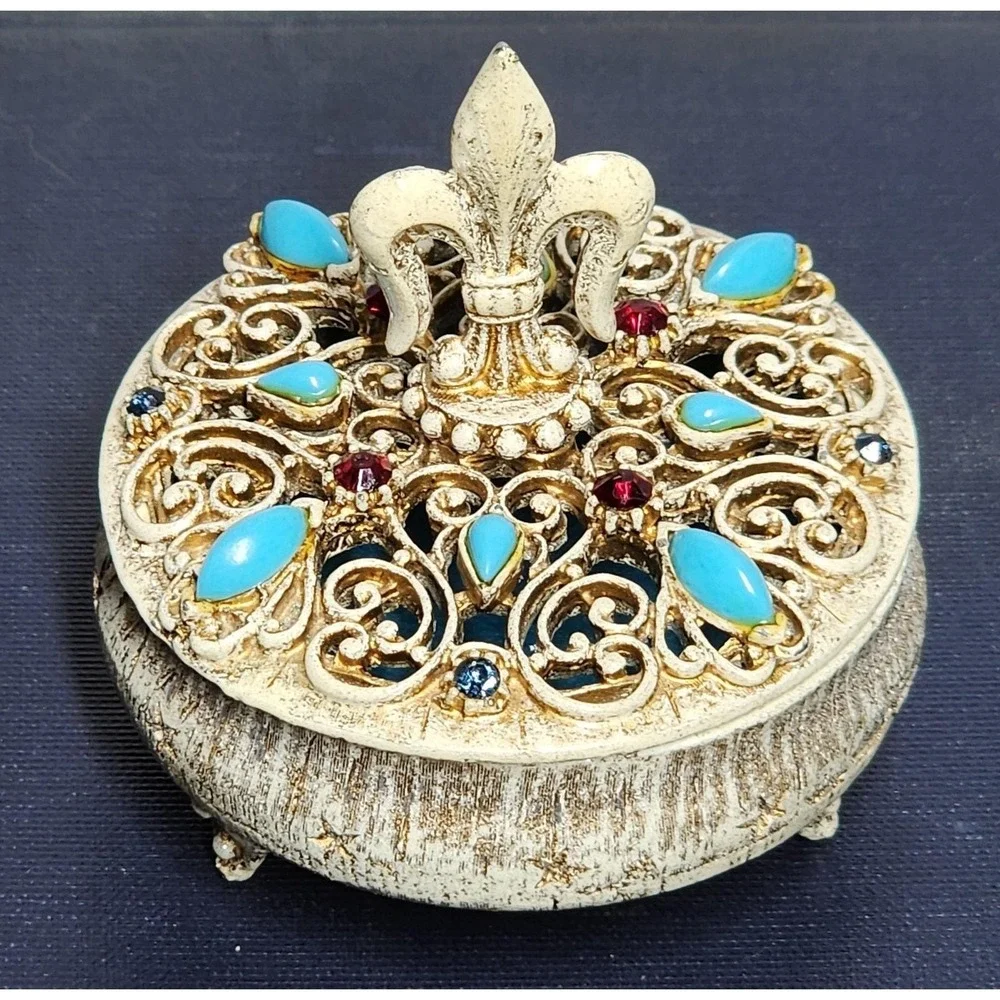 Vintage Florenza Fleur de Lis‎ Trinket Box Jeweled Turquoise Filigree Victorian